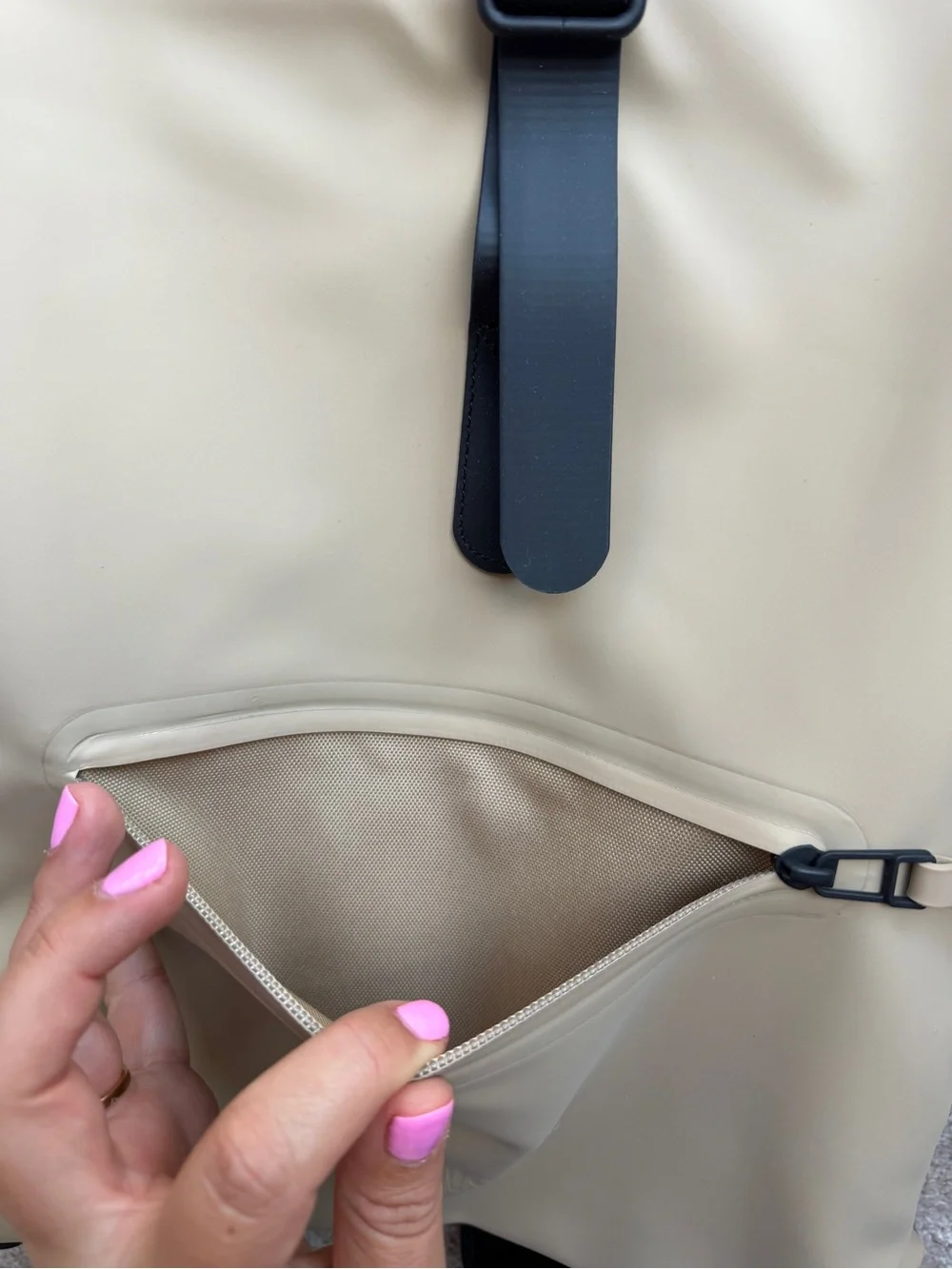 Rains Rolltop Rucksack Backpack in Beige with Black Trim